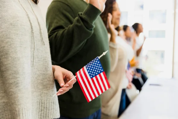 An image of a US visa stamp Pledge of Allegiance: Diverse Group of Americans Showing Patriotism